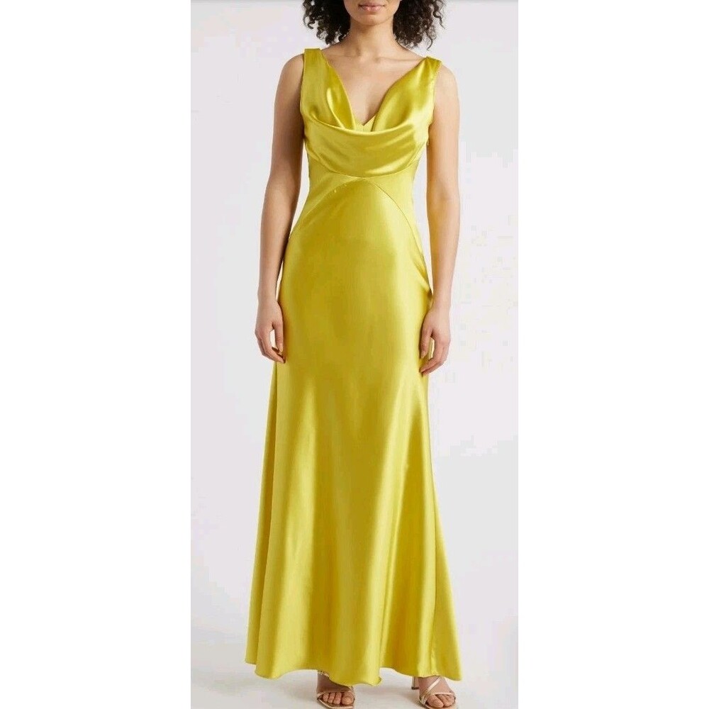 Vince Camuto Draped Neck Gold / Citron Satin Gown Dress  Sz 12  $228